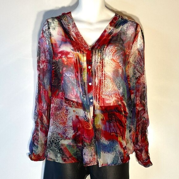 Casual Studio SZ M Navy /red abstract sheer button front blouse artsy graphic - Picture 1 of 9